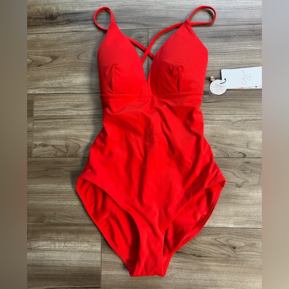 CALIA TRIANGLE STRAPPY BACK ONE PIECE SWIM BATHING SUIT SZ 4 (A-C) FRESH RED NWT - Picture 7 of 10